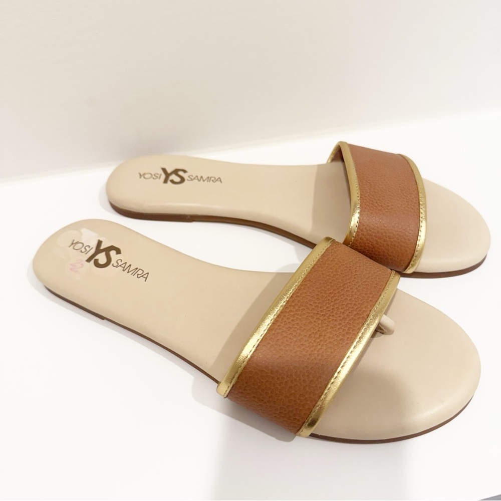 Yosi Samra Tan and Gold Leather Slide Sandals